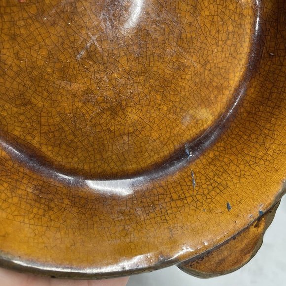 Antique Pottery Yellow Ware Glazed Handled Pie Plate Pan Primitive Glazed Rustic - Picture 7 of 16